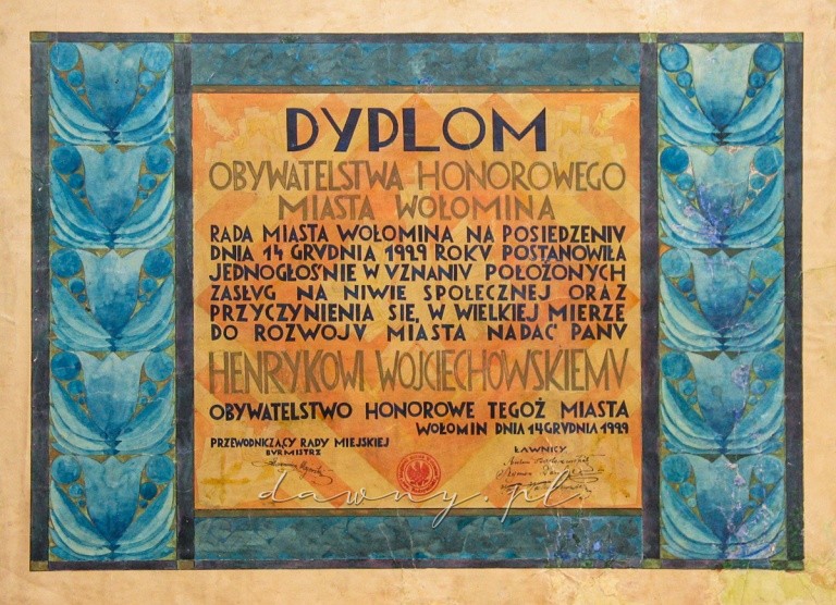 Dyplom Obywatelstwa Honorowego Miasta Wołomina dla Henryka Wojciechowskiego. 14 grudnia 1929 roku.