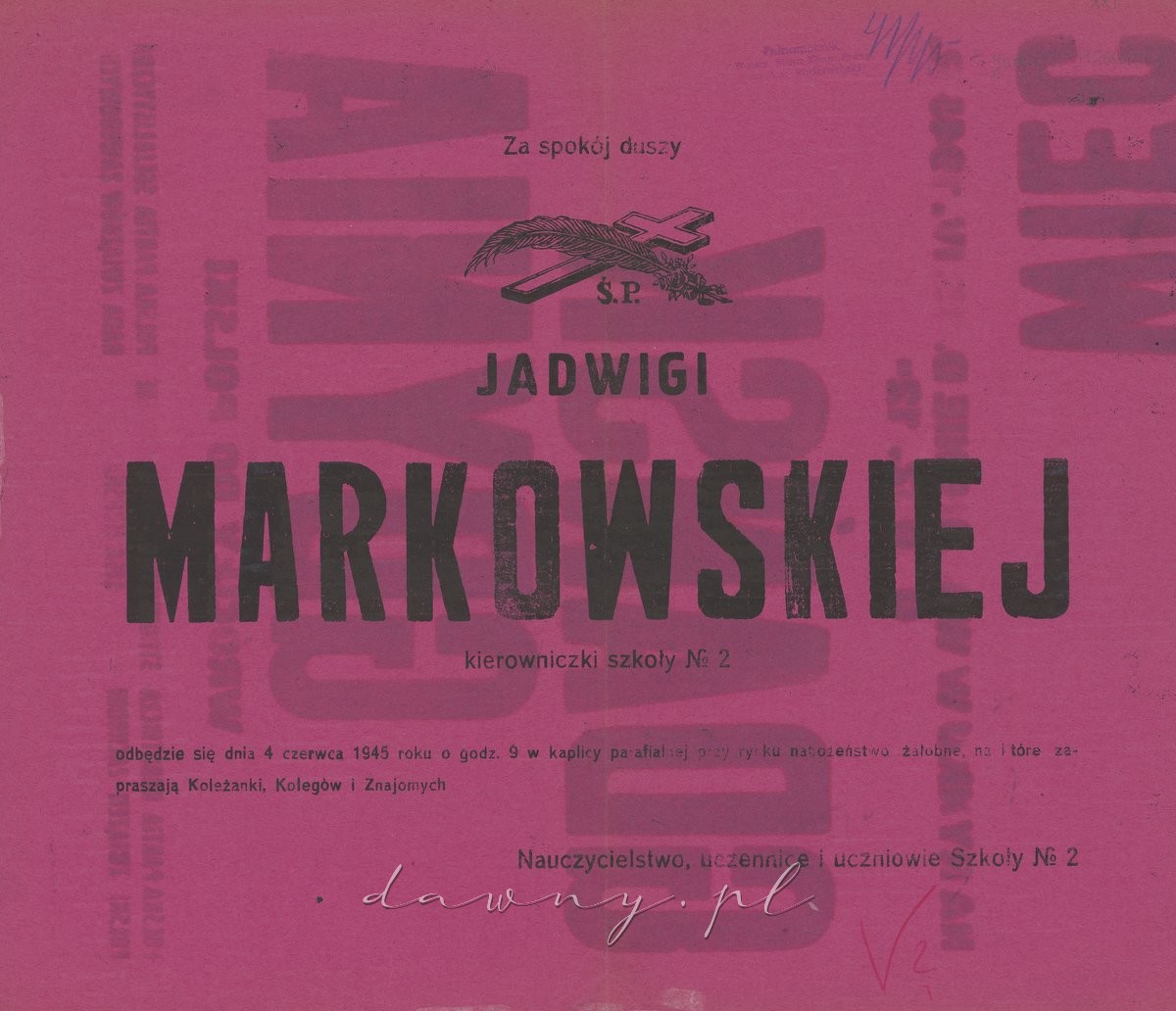 Ogłoszenie o mszy za spokój duszy Jadwigi Markowskiej. 4 czerwca 1945 r.
