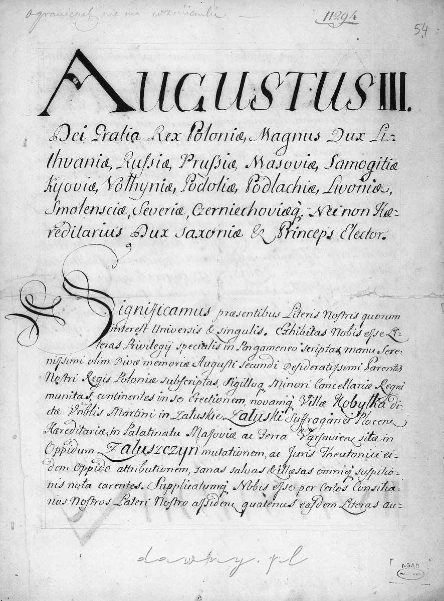 Oryginał potwierdzenia przez Augusta III lokacji miasta Załuszczyn (1754).