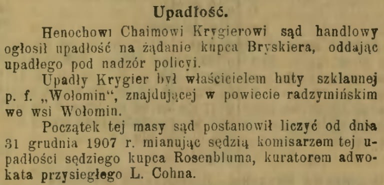 upadlosc huta wolomin