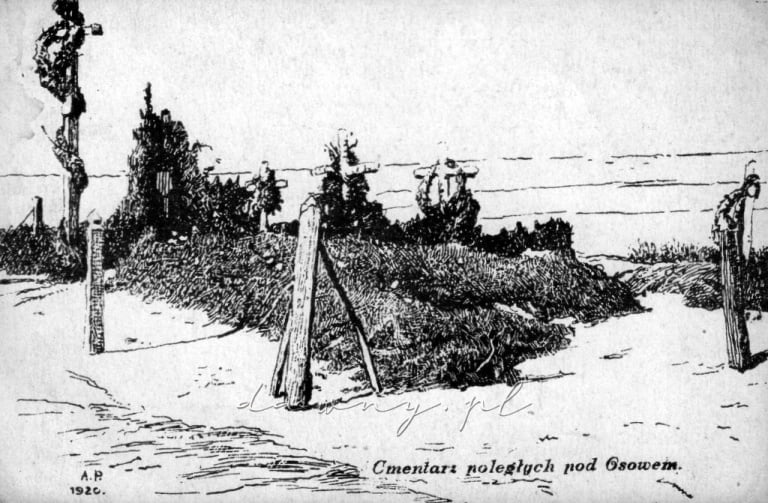 Cmentarz poległych pod Ossowem. Pocztówka z cyklu "Obrona Warszawy", rok 1920