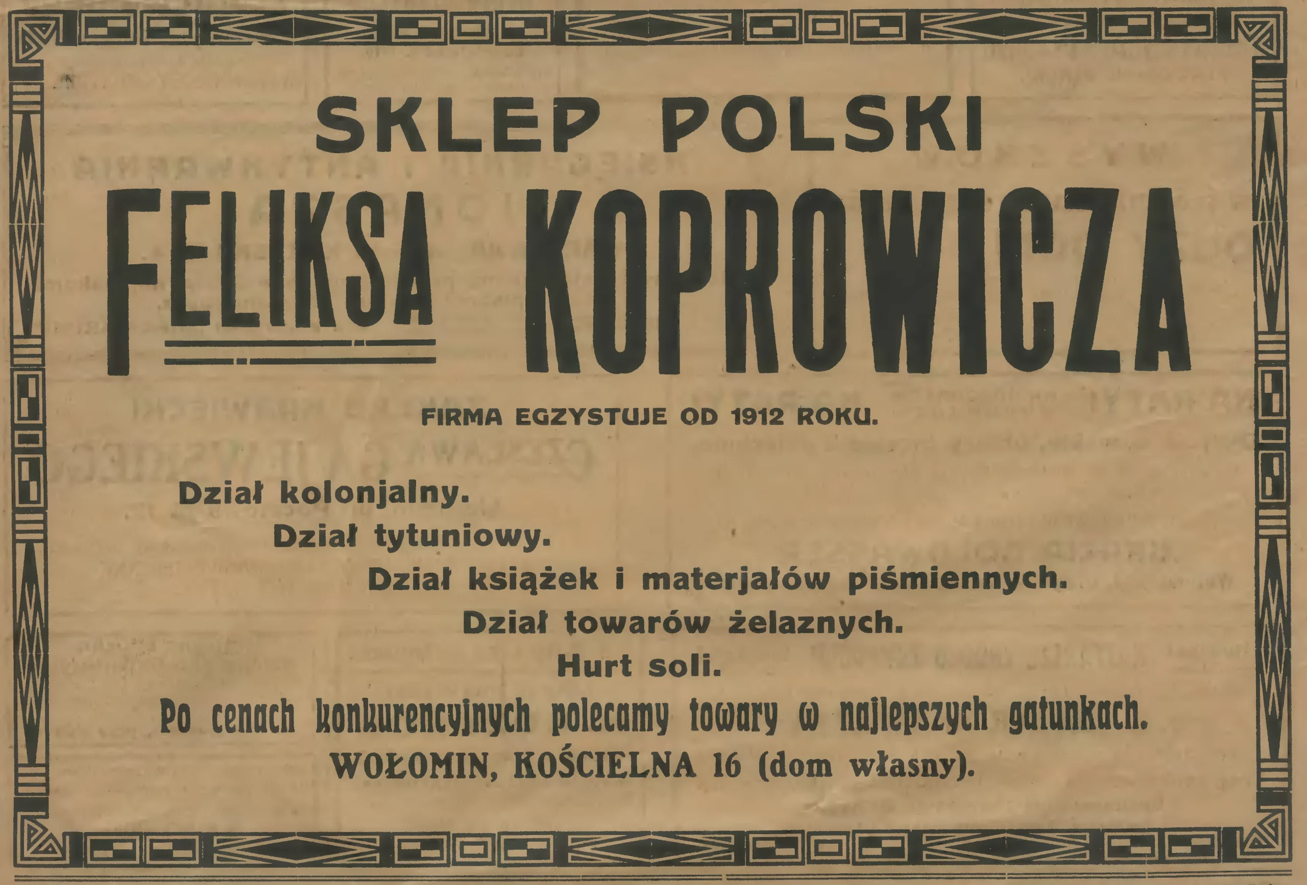 Reklama Sklepu Polskiego Feliksa Koprowicza z "Kultury Wołomina" (styczeń 1925 roku)