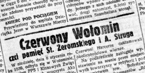 Czerwony Wołomin czci pamięć St. Żeromskiego i A. Struga