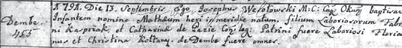 Akt urodzenia Mateusza Kacprzaka, syna Fabiana Kacprzaka i Katarzyny z Paziów, z 13 sierpnia 1791 r., spisany po łacinie przez księdza Józefa Wesołowskiego w parafii Okuniew.