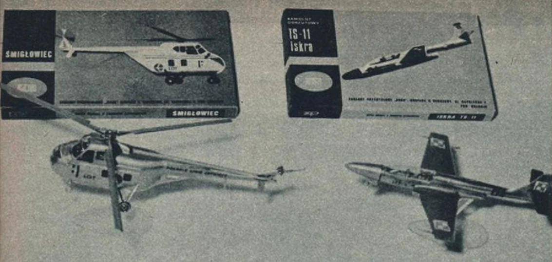 Powyżej: Pierwszy model wykonany w zakładach „Ruch" — śmigłowiec S-55. Obok polski samolot szkolno-treningowy TS-11 „iskra”, Poniżej: Model samolotu P-23A — „Karaś" i jego części składowe.
