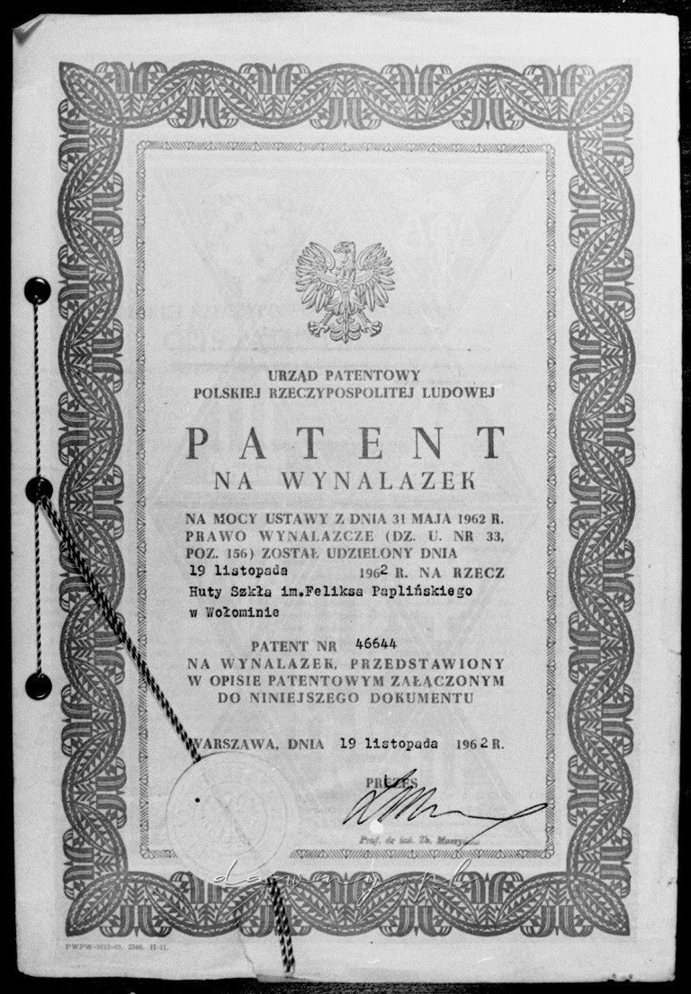 Patent dla huty szkła w Wołominie, rok 1962.