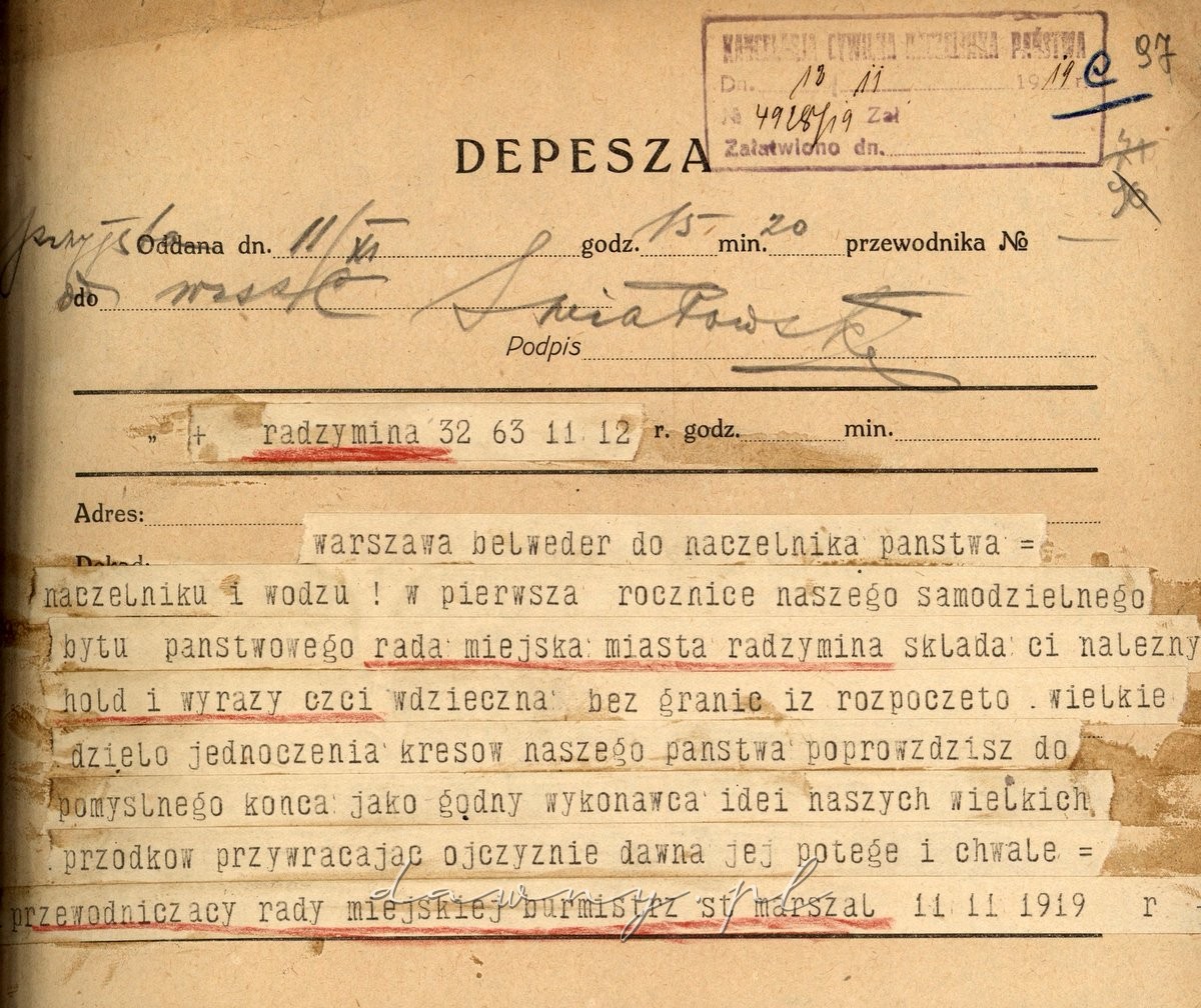 1 depesza marszała 11.11.1919