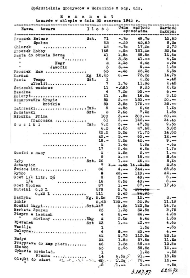 Remanent wołomińskiej apółdzielni, rok1943